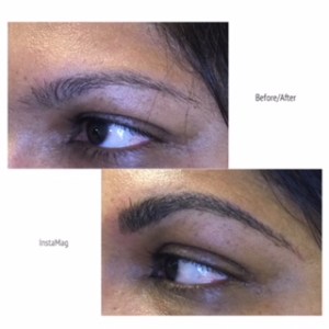 The before and after image of eyebrows before and after a microblading session