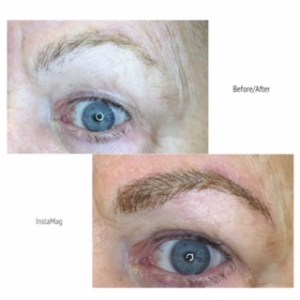 Before and after images of blond eyebrows that have received a microblading treatment